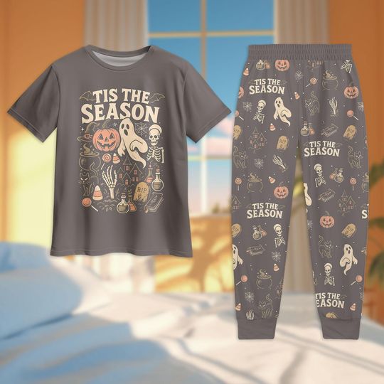 Tis The Season Halloween Tshirt And Pants, Skeleton Pumpkin Matching Pajamas, Cute Ghost Pumpkin Pajamas Family, Ghost Pumpkin Pajamas