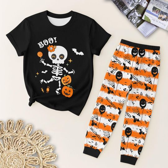 Dancing Skeleton Boo Halloween Pajamas, Cute Boo And Pumpkin T Shirt And Pants Pajama, Spooky Season Sleepwear, Cute Skeleton Matching Set