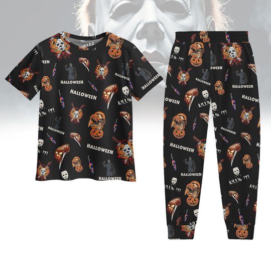 Halloween Horror Tshirt Pants Set, Michael Myers Pajamas Outfit, Spooky Pumpkin Skull Matching Sleepwear, Halloween Pjs Gift