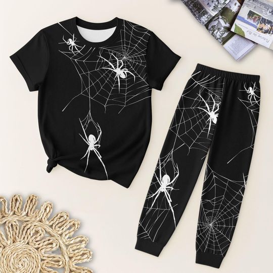 Spider Web Halloween Pyjamas Set, Halloween Pattern T Shirt And Pants Pajamas, Spooky Night Sleepwear, Halloween Homewear, Holiday Gift