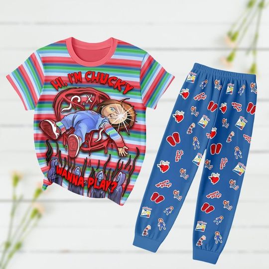 Chucky Doll Halloween Pajamas, Retro Chucky And Tiffany T-Shirt Pants Set, Horror Movie Sleepwear Set, Halloween Matching Family Lounge