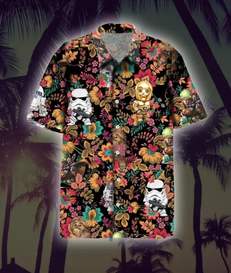 Disney Star Wars Stormtropper Golden Robot Tropical Flowers Black Hawaiian Shirt