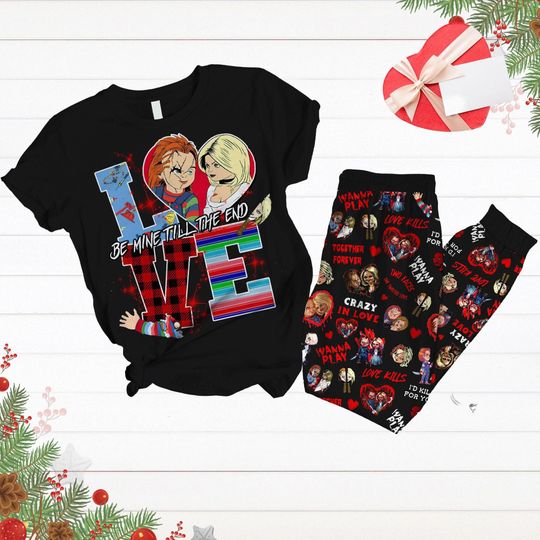 Valentines Day Pajamas, Chucky And Tiffany Holiday Pajamas, Chucky And Bride Shirt, Horror Movie Pajamas Pants, Pajamas For Party