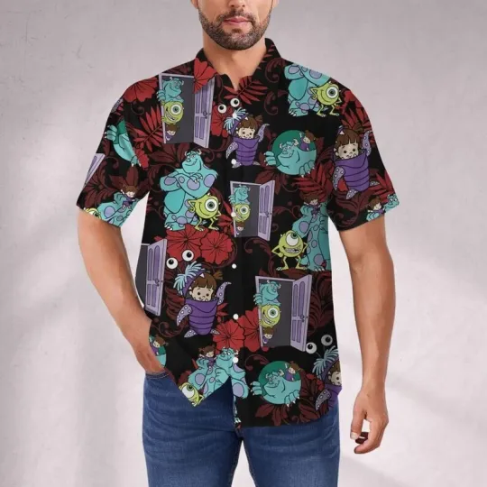 Discover Disney Monster Inc Tropical Summer Style Black Red Hawaiian Shirt