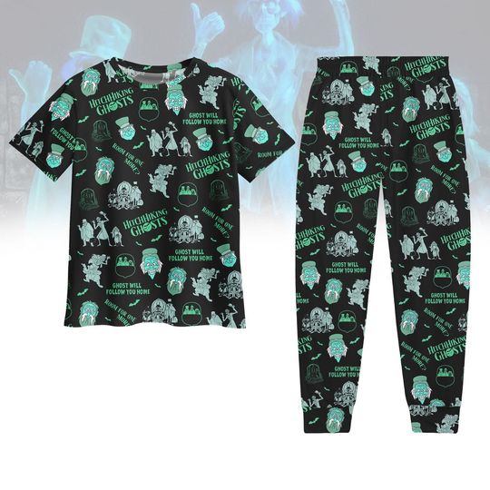 Hitchhiking Ghosts Haunted Mansion T-Shirt Pants Set, Haunted Mansion Pajamas Outfit, Spooky Halloween Costume Sleepwear, Halloween Gif