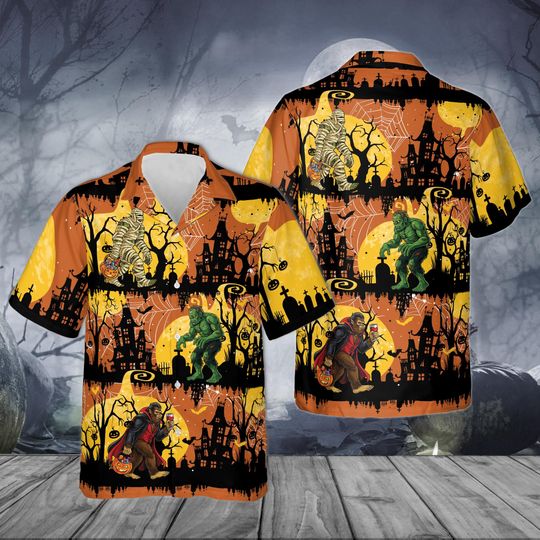 Discover Bigfoot Halloween Hawaiian Shirt, Spooky Monster & Pumpkin Aloha Shirt for Spooky Season, Costume Horrror Season Outfit