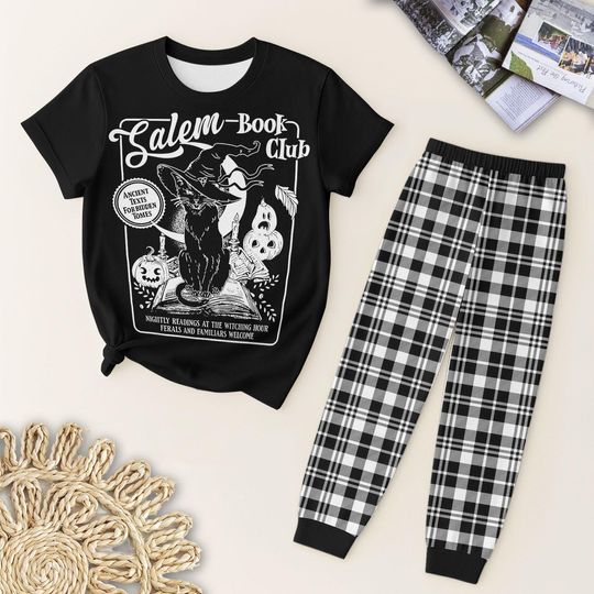Discover Salem Book Club T Shirt And Pants Pajamas, Halloween Black Cat Pajamas Set, Black White Plaid Pants, Spooky Halloween Sleepwear