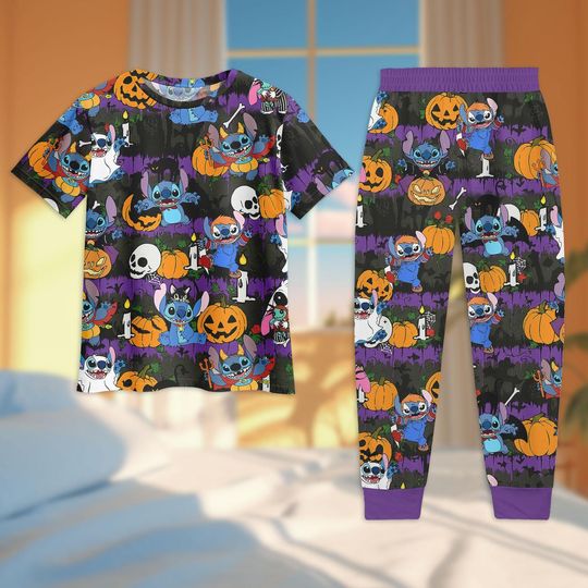 Discover Stitch Halloween T-Shirt Pants Set, Cartoon Pumpkin Ghost Skull Pajamas, Halloween Stitch Pjs, Disney Halloween Outfit, Halloween Gift