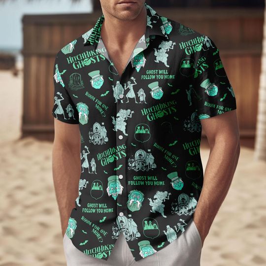 Haunted Mansion Halloween Hawaiian Shirt, Hitchhiking Ghosts Button Shirt, Disney Spooky Season Shirt, Halloween Movie Shirt
