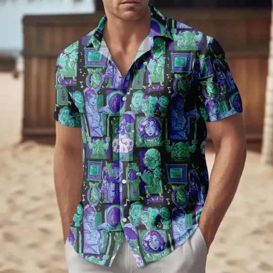 Discover Disney Haunted Mansion Hitchhiking Ghosts Halloween Neon Hawaiian Shirt