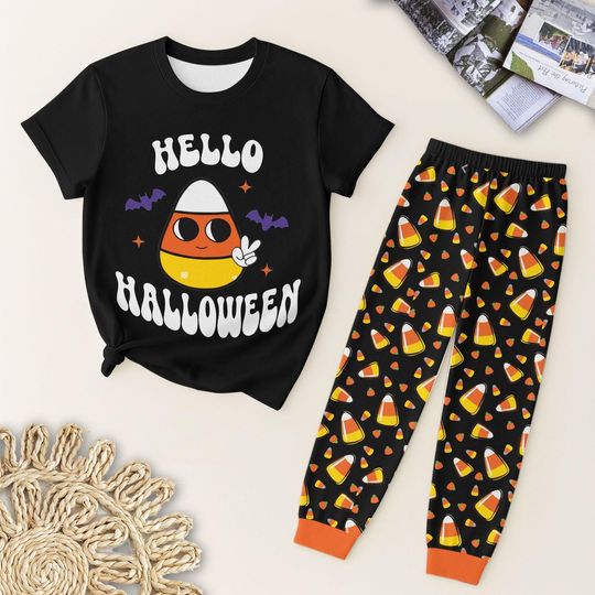 Discover Hello Halloween T Shirt And Pants Pajamas, Halloween Candy Homewear, Cute Candy Bat Sleepwear, Halloween Pattern Nightwear