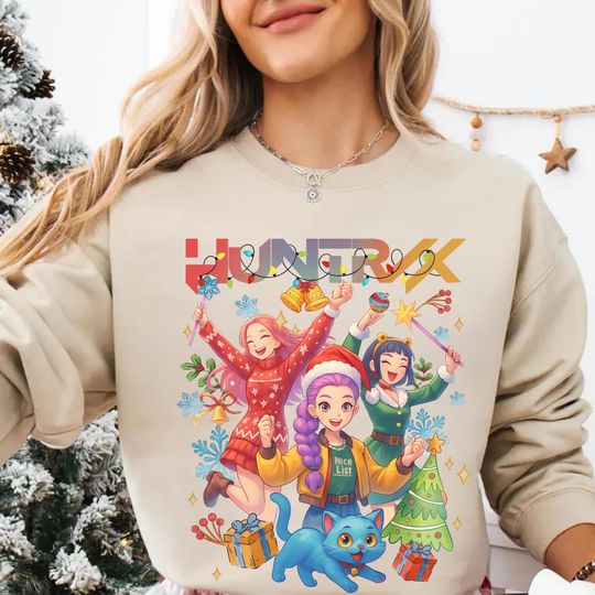 Huntrix Christmas Sweatshirt: Rumi Mira Zoey, Christmas Light, Demon Hunters Christmas Shirt, Snowflake, Derpy Tiger Christmas Party Shirt