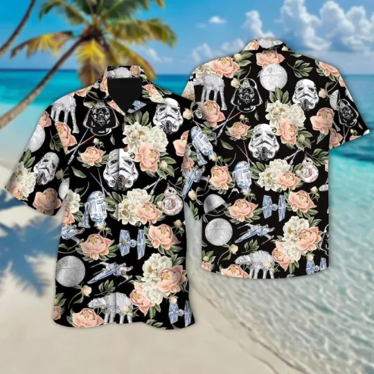 Discover Disney Star Wars Stormtrooper Helmet R2D2 BB8 Floral Black Hawaiian Shirt
