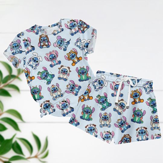Discover Stitch TShirt and Shorts Pajamas, Summer PJs Set, Cute Cartoon Loungewear, Lilo and Stitch Sleepwear, Disney PJs