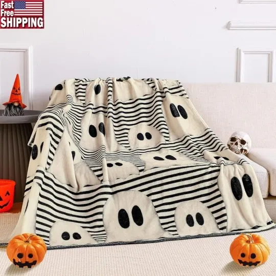 Discover Soft Flannel Halloween Ghost & Striped Throw Blanket for Cozy Home Decor