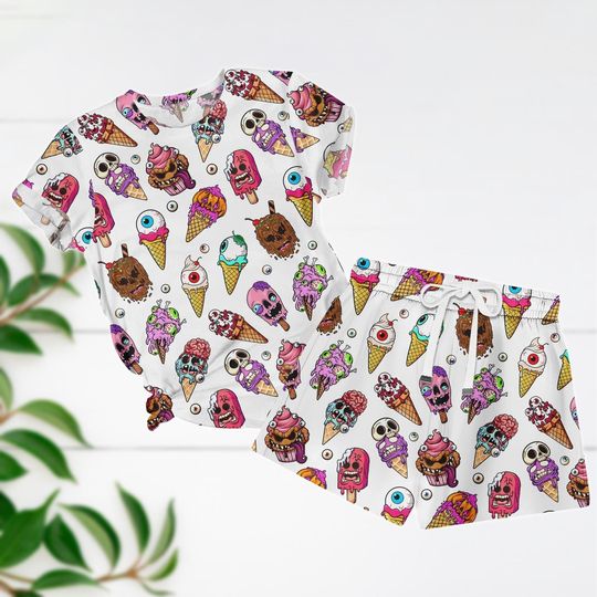 Halloween TShirt & Shorts Pajama, Skull Ice Cream PJs, Spooky Lounge Set, Halloween Party PJs, Creepy Cute Sleepwear, Unique Pajamas