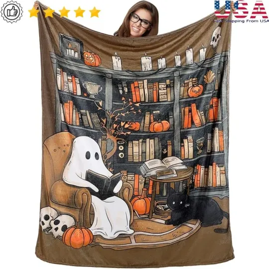 Discover Cozy Halloween Book Lover Throw Blanket Soft Ghost Reader Gift