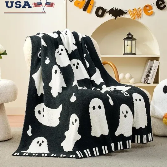 Chenille Throw Blanket with Ghost Pattern, Soft and Warm Lightweight Gift
