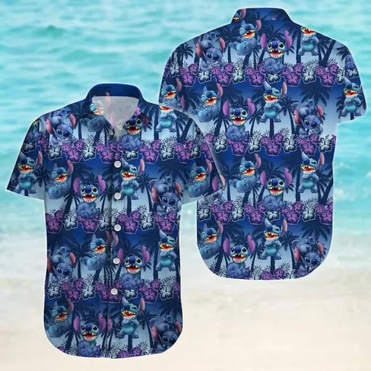 Discover Disney Stitch Magic Kingdom Family Trip Blue Hawaiian Shirt