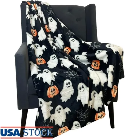 Discover Cozy Halloween Fleece Throw Blanket with Ghost and Pumpkin Decorative Accent