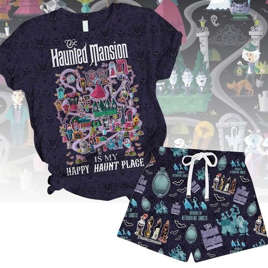 Haunted Mansion Shirt, Foolish Mortals Tshirt Short Set, Retro Disney Halloween Pajamas, Stretching Room Sleepwear, Hitchhiking Loungew
