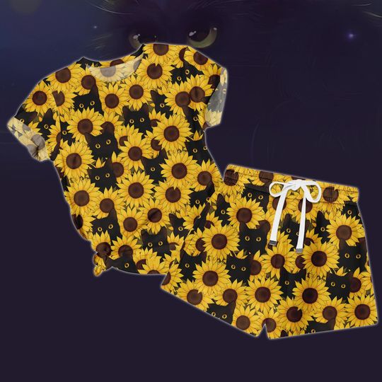 Discover Black Cat T-Shirt Shorts PJs, Sunflower Short Pajama Set, Flow Cat T-Shirt PJs, Flow Cat Shorts Pajamas, Boho Style, Gift for Cat Lover