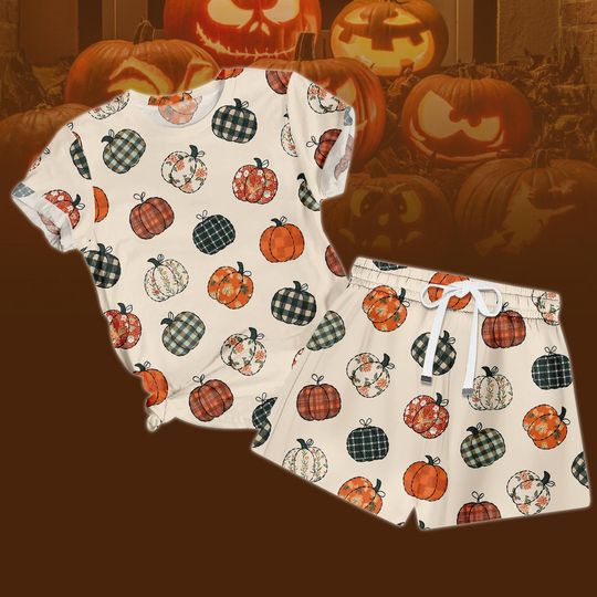 Pumpkin T-Shirt Shorts PJs, Halloween PJs Set, Autumn Vibes Shorts PJs, Matching Halloween PJs Set, Pumpkin Shorts PJs, Halloween Gift