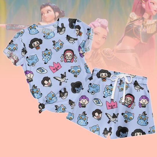 Kpop Demon Hunter T-Shirt Shorts PJs, Chibi Demon Hunter Char PJs Set, Huntr/x Saja Boys Shorts, Demon Hunter T-Shirt, Gift for Kpop Fa