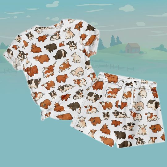 Chibi Cow T-Shirt Shorts PJs, Cute Cartoon Cow Short PJs Set, T-Shirt Pajama, Shorts Pajama, Cute Animal Matching PJs Set, Cute Gift Se