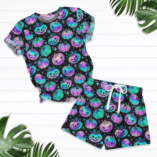 Gradient Pumpkin Tshirt And Shorts, Cute Gradient Pajamas Women, Spooky Matching Family Pajamas Outfit, Halloween Pumpkin Pajamas Set