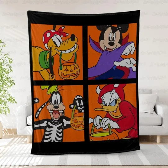 Mickey Pluto Goofy and Donald Duck Halloween Costume Throw Blanket
