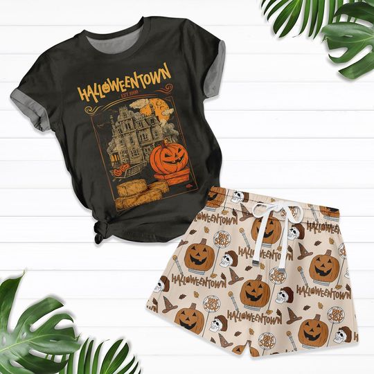 Halloweentown Tshirt And Shorts, Cute Halloween Movie Outfit, Matching Family Sleepwear, Halloween Pjs Women, Spooky Season Pajamas