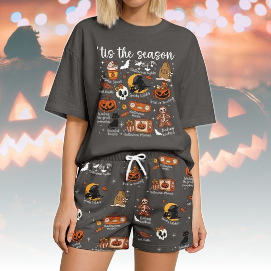 Tis The Season Black Cat Salem Tshirt And Shorts, Spooky Halloween Cat PJs, Cute Black Cat Halloween Pajamas, Halloween Pajamas