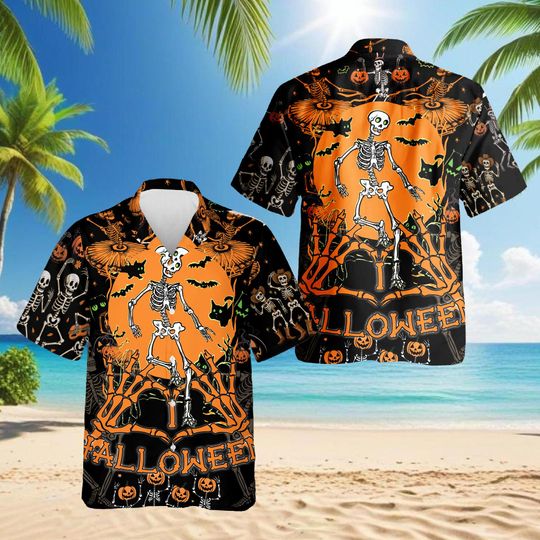 Discover Halloween Skeleton Hawaiian Shirt for Men and Women, Spooky Pumpkin Cat Bat Aloha Shirt, Funny Skeleton Dance Halloween Party Outfit