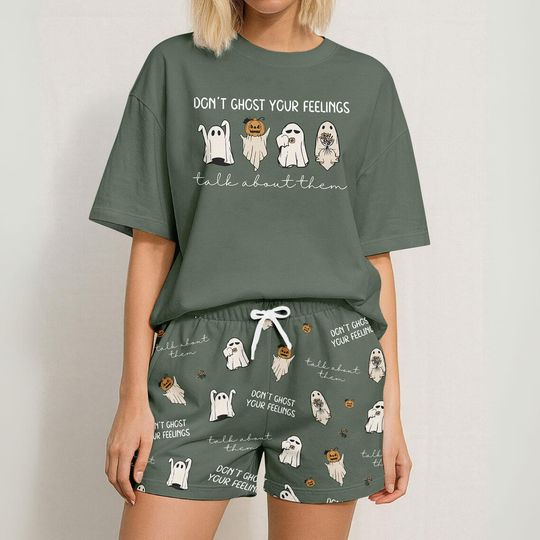 Dont Ghost Your Feeling Tshirt And Shorts, Cute Halloween Ghost Pajamas Set, Spooky Season Pjs, Halloween Funny Ghost Boo Pajamas