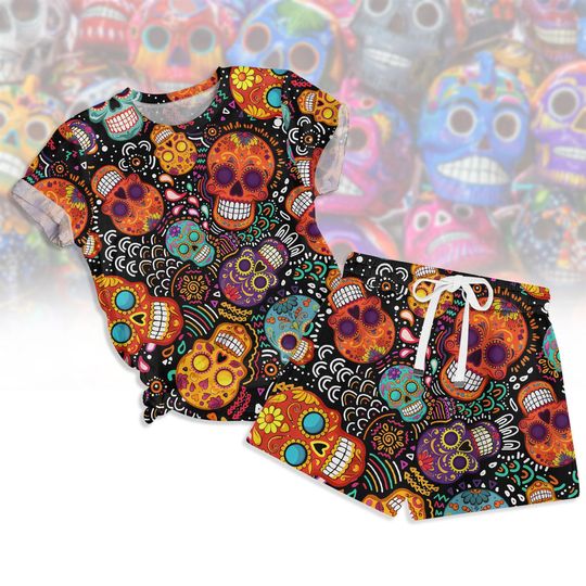 Discover Sugar Skull Shirt, Halloween Costume Short Pant, Mexico Shirt, Sugar Skull Pajamas Set, Halloween Club Lover, Gift For Friends