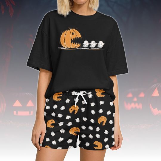 Pumpkin Chasing Ghost Tshirt And Shorts, Funny Pacman Halloween Pajamas Set, Spooky Matching Pajamas, Cute Ghost Pumpkin Pajamas