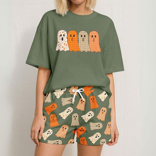 Cute Ghost TShirt And Shorts, Halloween Plaid Ghost Women Pajamas, Spooky Matching Pajamas Set, Funny Ghost Boo Pajamas Family
