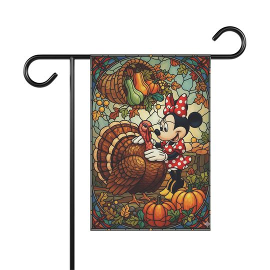 Stained Glass Minnie Thanksgiving Garden Flag - Autumn Harvest with a Friendly Character - Fall Yard Dcor, Yard Banner,