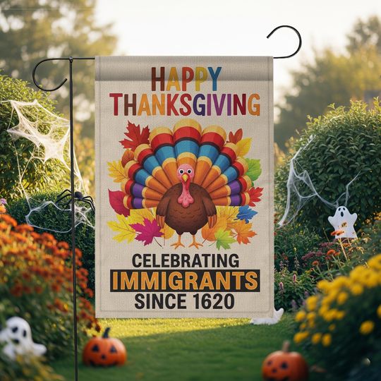 Discover Happy Thanksgiving Celebrating Immigrants Garden Flag | Turkey Leaves Yard Banner | Since 1620 Outdoor Decor