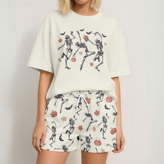 Halloween Dancing Skeleton Tshirt And Shorts, Funny Skeleton Pajamas Family, Halloween Pumpkin Pajamas For Her, Spooky Pajamas