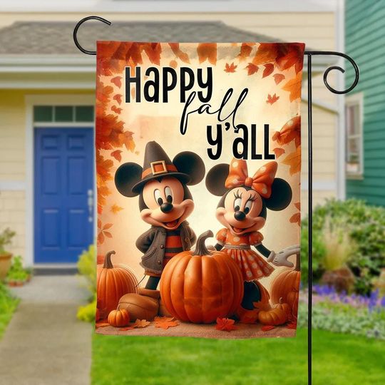 Disney Mickey and Minnie Thanksgiving Garden Flag with Fall Leaves and Pumpkin, WDW Disneyland Fall Vibes 2025