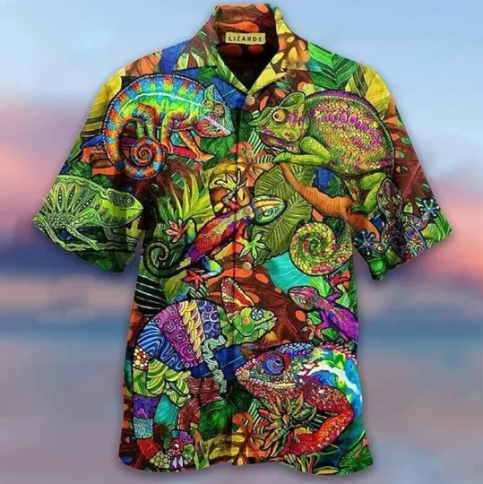 Colorful Lizard Geckos Tropical Hawaiian Button-Up Shirt for Men
