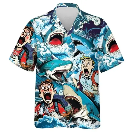 Discover Hip Hop Hawaiian Shark Shirt for Men Animal Graphic Beachwear