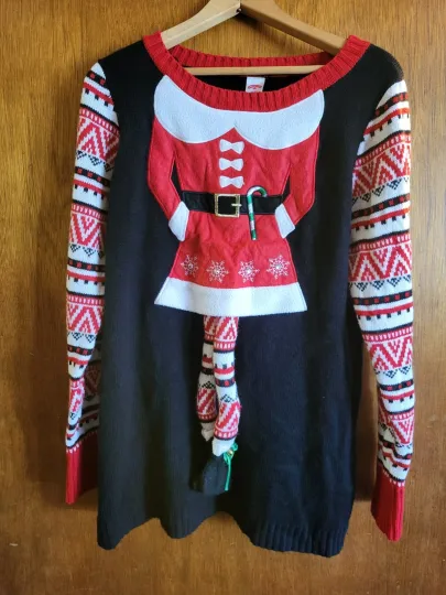 Women’s Holiday Time Ugly Christmas Elf  Sweater Bells Bling Swinging Legs Large