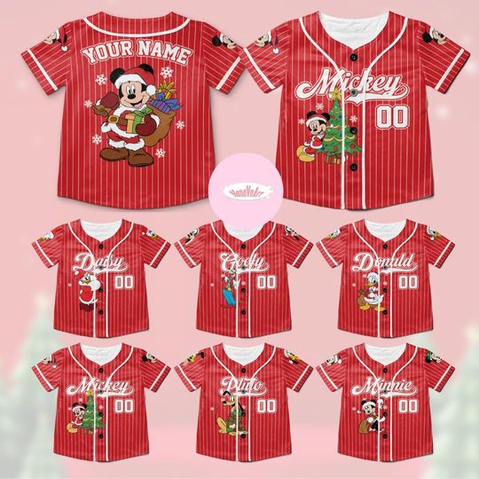 Discover Personalized All Characters Disney Christmas Baseball Jersey, Mickey's Very Merry Christmas Party 2025, Mickey and Friends Santa Kids Adult