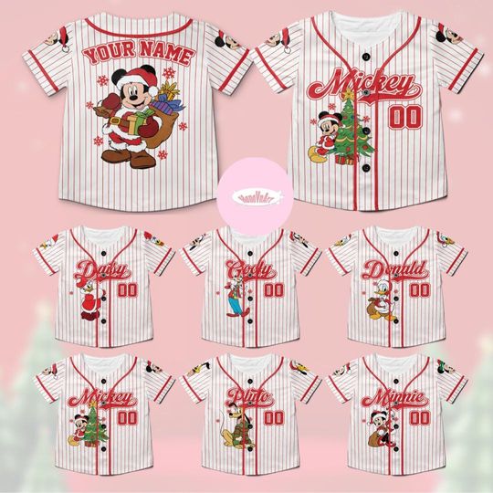 Discover Personalized All Characters Mickey and Friends Disney Christmas Baseball Jersey, Mickey's Very Merry Christmas Party 2025, Santa Kids Adult