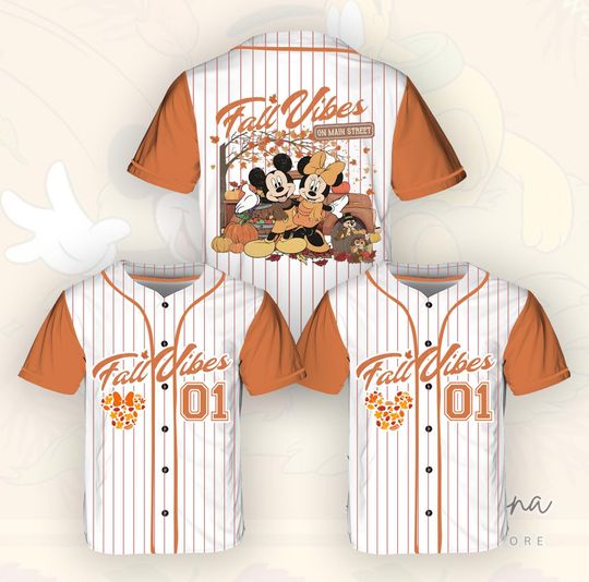 Discover Disney Mickey & Minnie Fall Vibes On Main Street Baseball Team Jersey, all Pumpkin Disney Thanksgiving,Disneyland Spice Season Autumn Jersey
