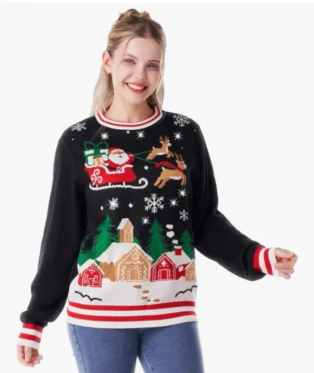 Discover Womens LED Light Up Santa Ugly Christmas Pullover Sweater Medium