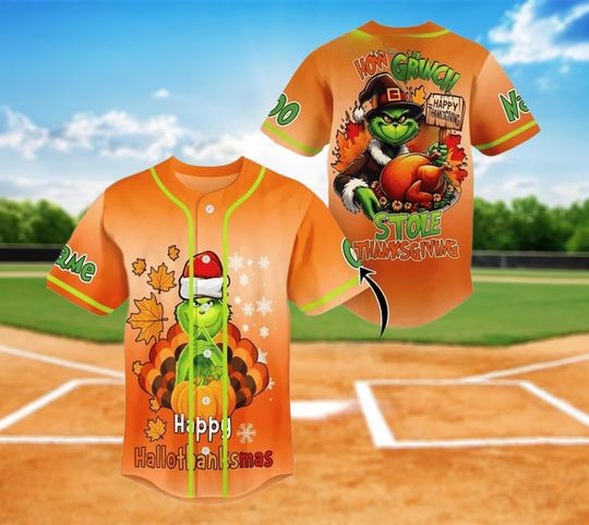 Custom Green Thanksgiving Baseball Jersey, Happy Halloween Thanksmas Green Jersey Shirt, Turjkey Holiday & Costume Themed Jersey
